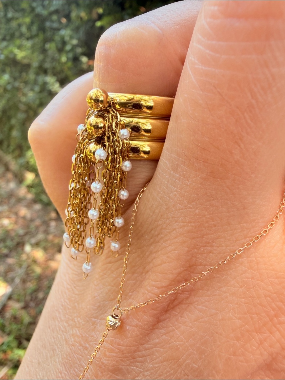 Gold Pearl Tassel Stackable Ring - Brand New! Adjustable - Picture 5 of 9
